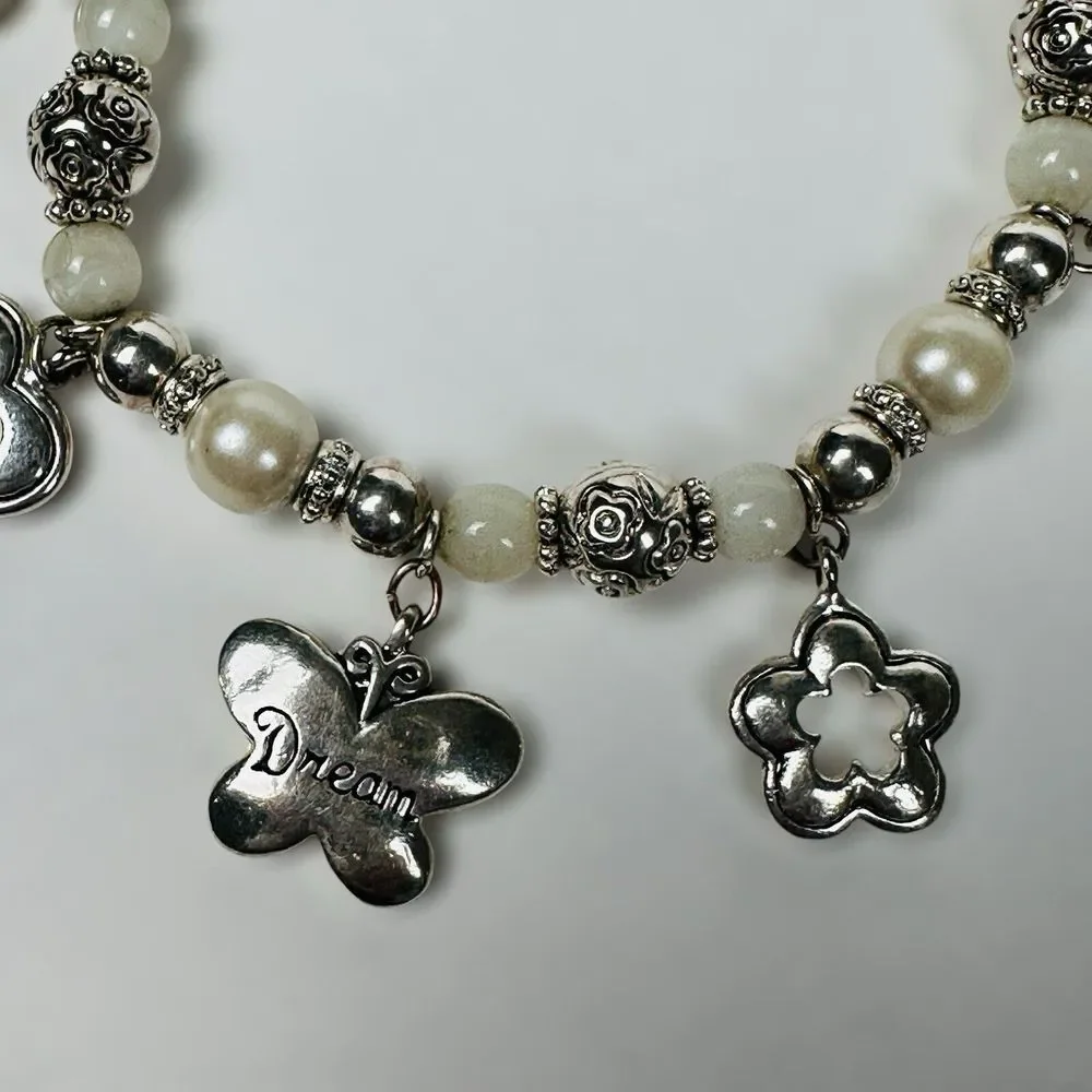VTG Bracelet Charms Hope Dream Heart‎ Flower 6.5 Glass Faux Pearls Beads Stretch